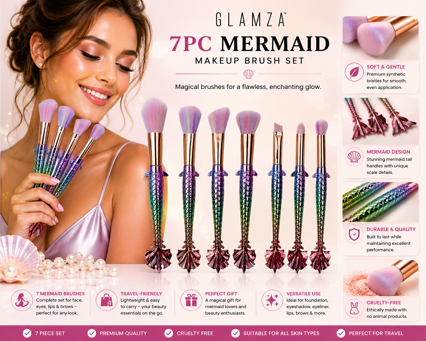 Glamza 7pc Mermaid Makeup Brush Sets