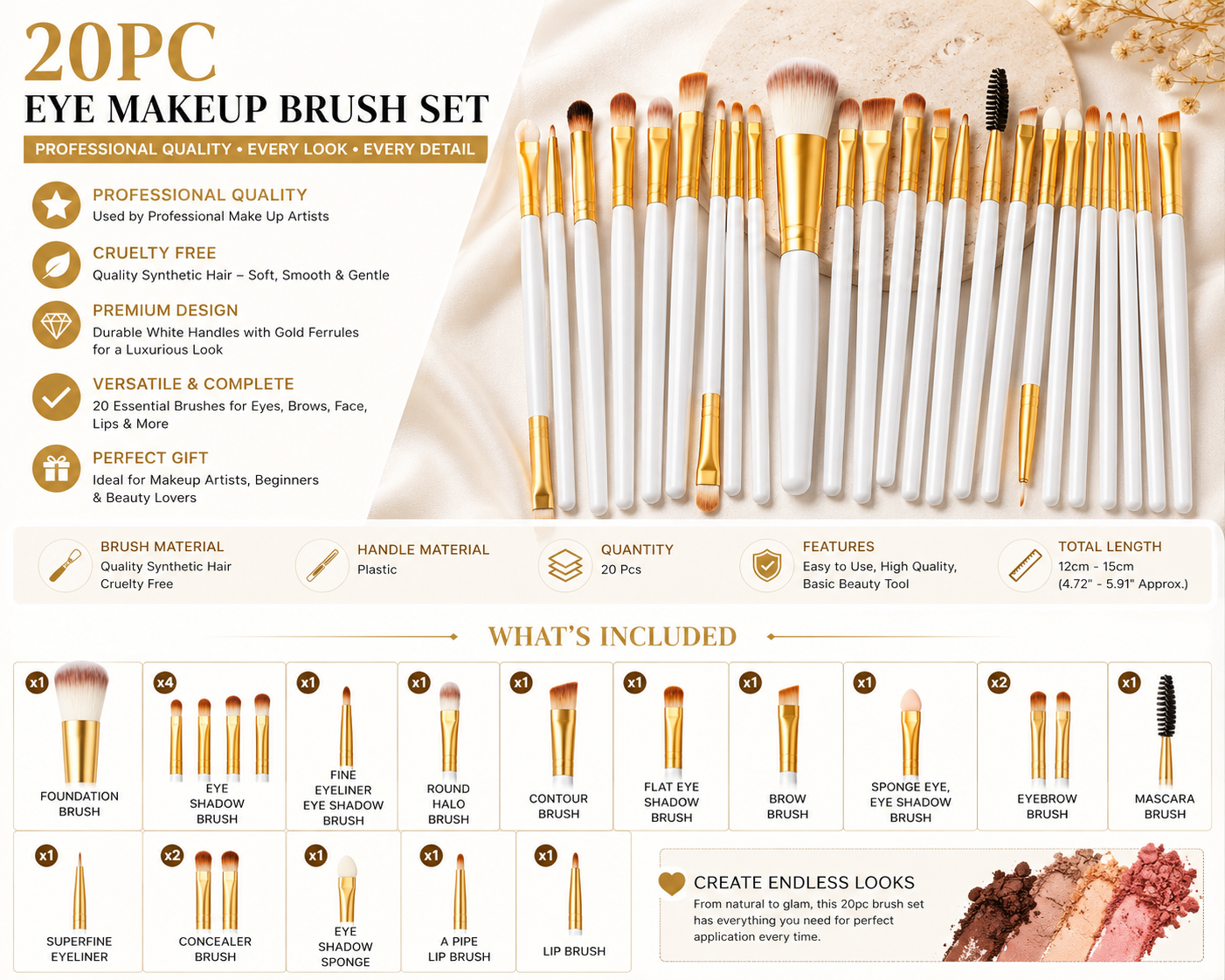 20pc Professional Eye Makeup Brush Set – White & Gold