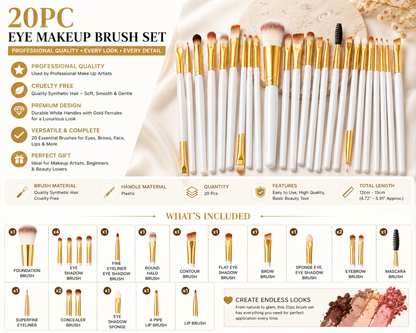 20pc Professional Eye Makeup Brush Set – White & Gold