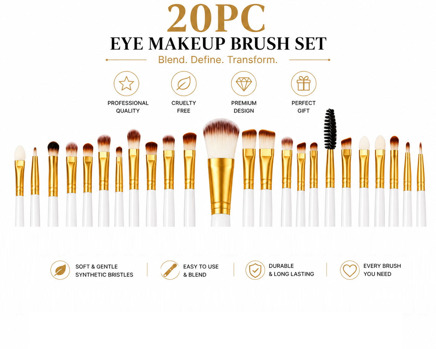 20pc Professional Eye Makeup Brush Set – White & Gold