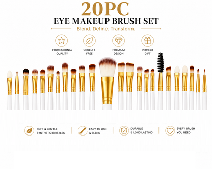 20pc Professional Eye Makeup Brush Set – White & Gold
