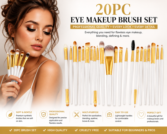 20pc Professional Eye Makeup Brush Set – White & Gold