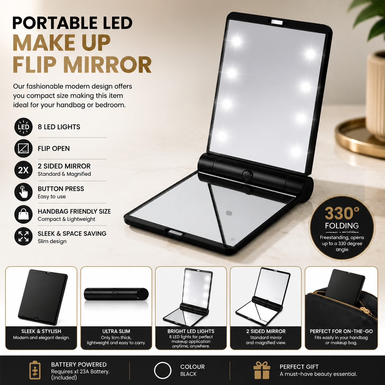 Glamza Portable LED Make Up Flip Mirror – Compact, Stylish &amp; Handbag Friendly