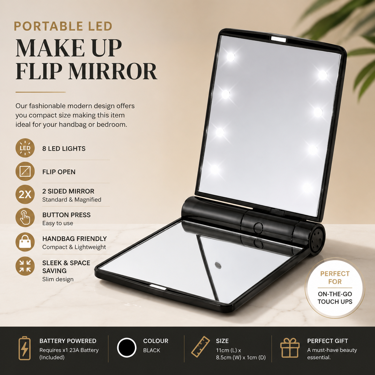Glamza Portable LED Make Up Flip Mirror – Compact, Stylish &amp; Handbag Friendly