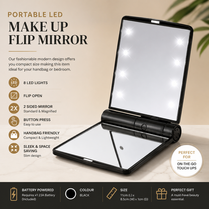 Glamza Portable LED Make Up Flip Mirror – Compact, Stylish &amp; Handbag Friendly