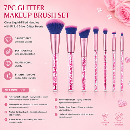 7pc Glitter Makeup Brush Set with Clear Liquid-Filled Handles – Professional Quality