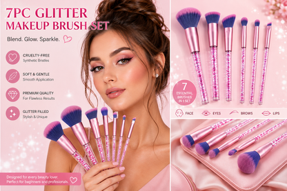7pc Glitter Makeup Brush Set with Clear Liquid-Filled Handles – Professional Quality