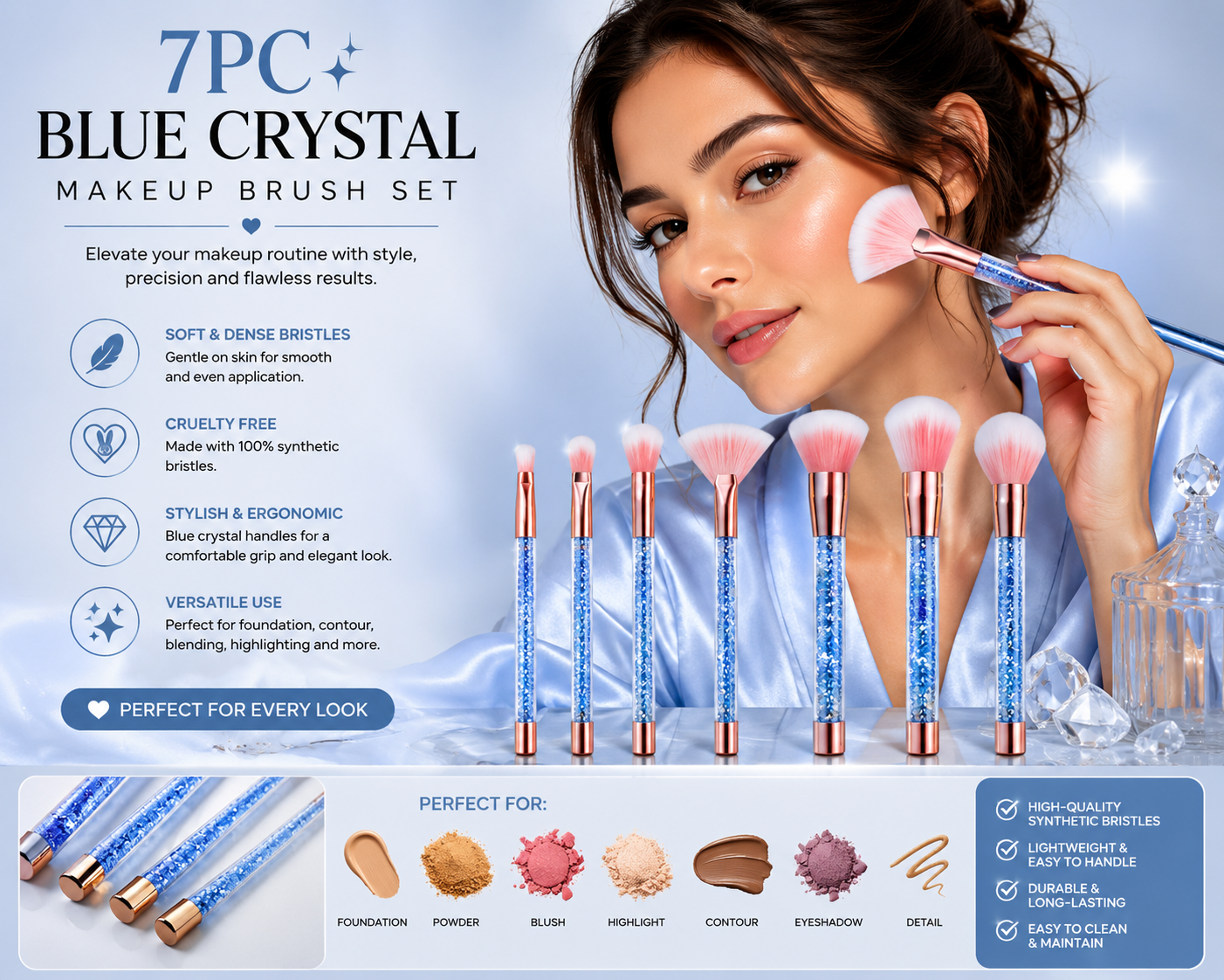 7pc Blue Crystal Makeup Brush Set