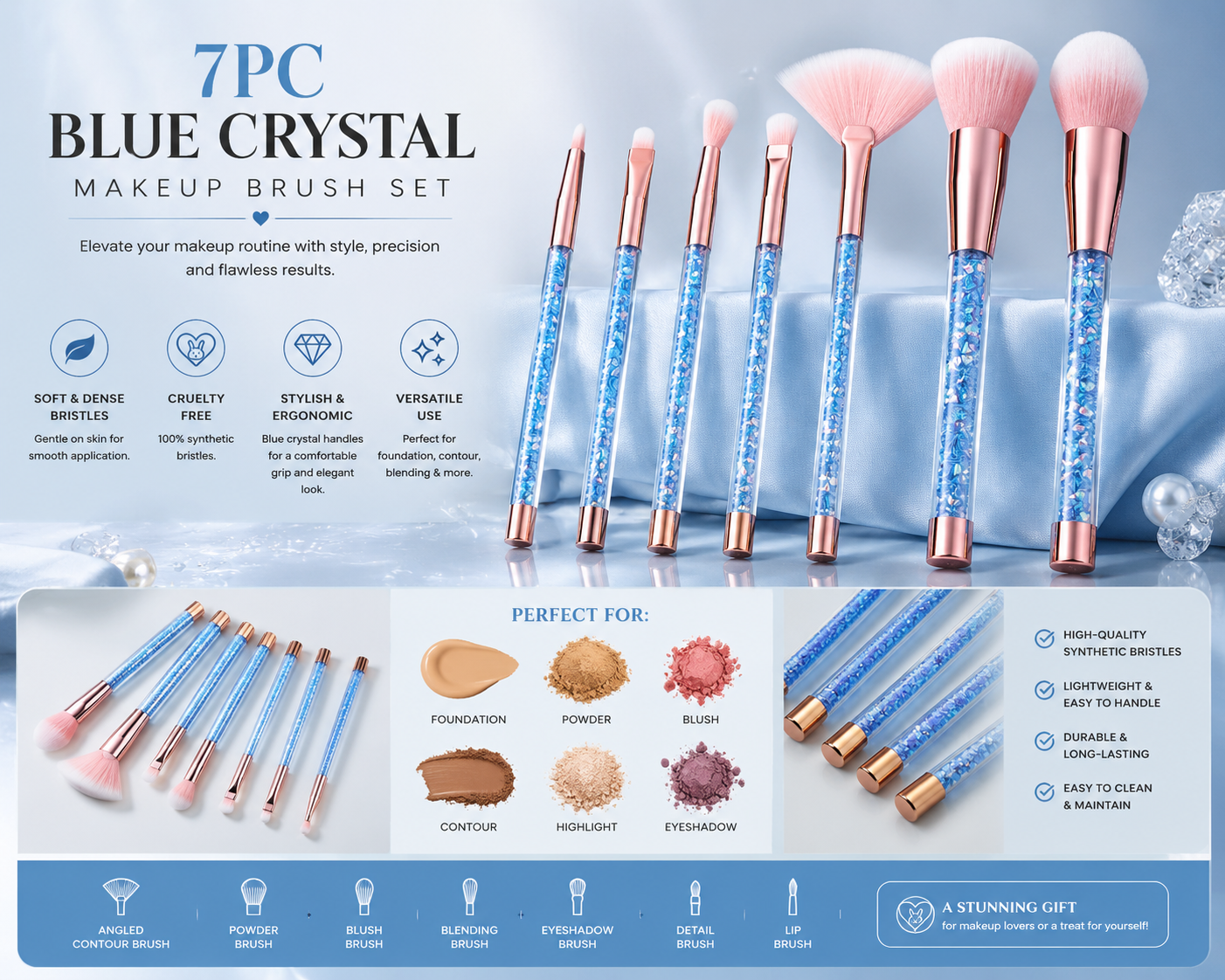 7pc Blue Crystal Makeup Brush Set