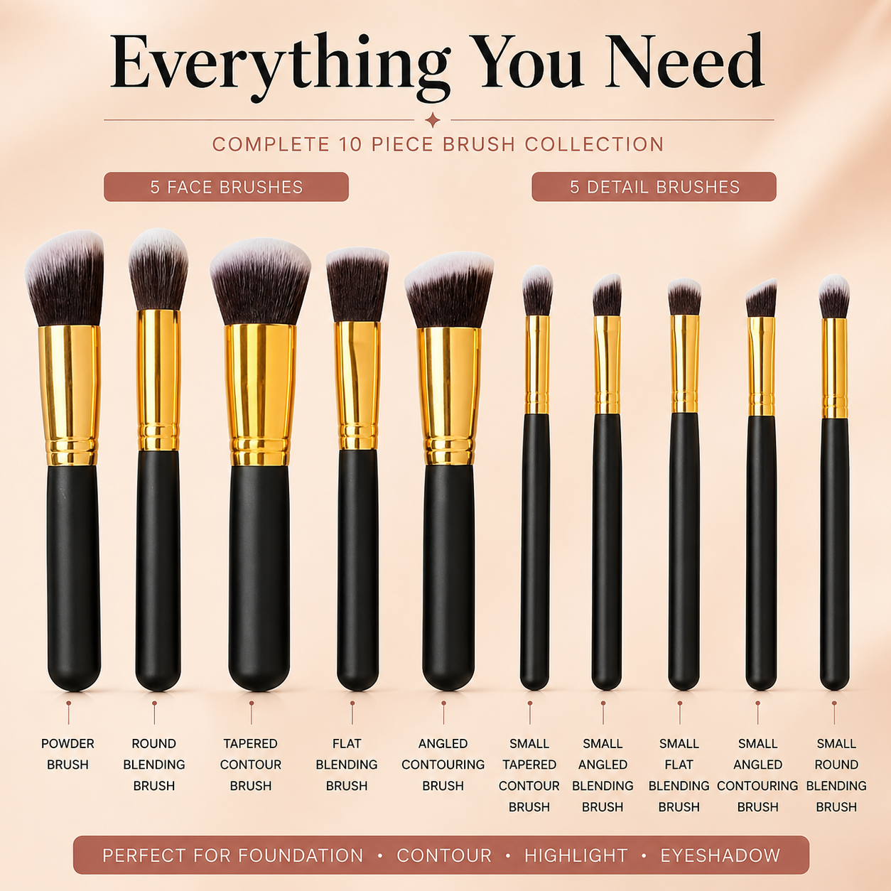 Glamza 10pc Black Gold Makeup Brushes Set