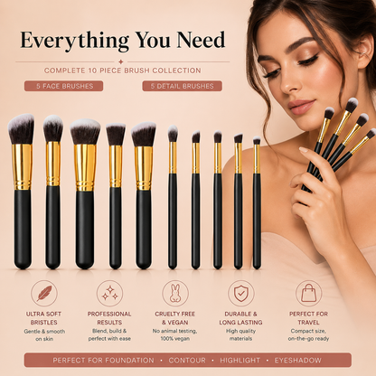 Glamza 10pc Black Gold Makeup Brushes Set