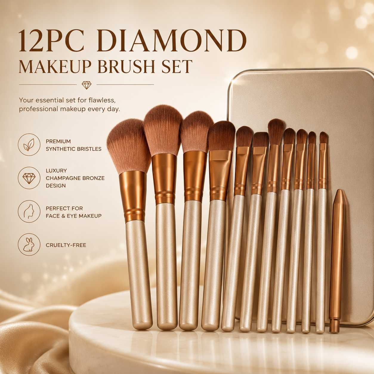 12pc Bronze Makeup Brush Set in Silver Metallic Case