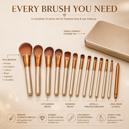 12pc Bronze Makeup Brush Set in Silver Metallic Case
