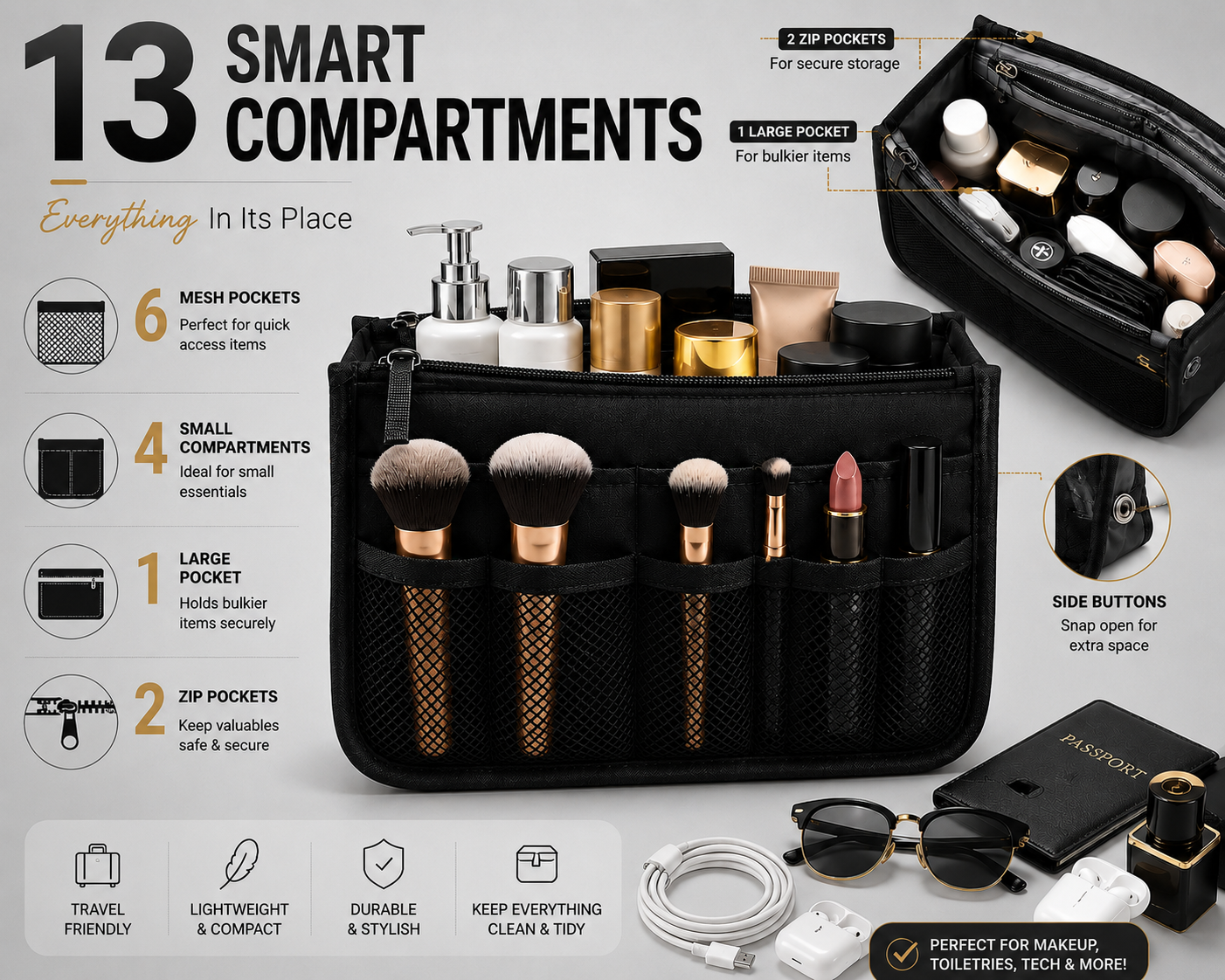 Glamza Multi-Pocket Travel Bag – Ultimate Organiser for Makeup, Toiletries & Accessories