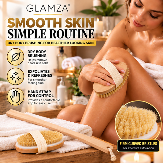 Glamza Long Handle Bath & Shower Brush & Dry Body Brush – 49cm Beechwood Back Scrubber