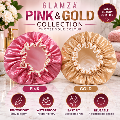 Glamza Luxury Waterproof Shower Cap – Reusable Elasticated Hair Protection – Pink or Gold