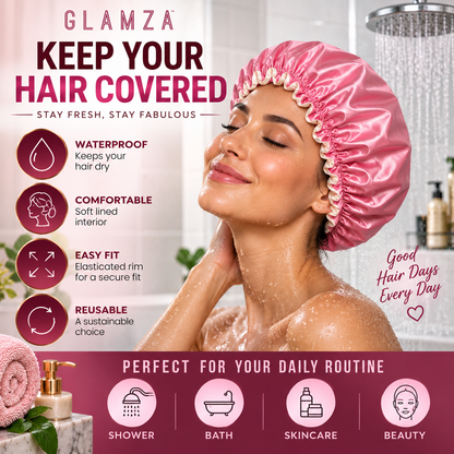 Glamza Luxury Waterproof Shower Cap – Reusable Elasticated Hair Protection – Pink or Gold