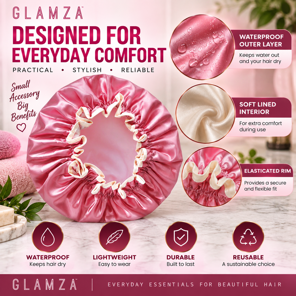 Glamza Luxury Waterproof Shower Cap – Reusable Elasticated Hair Protection – Pink or Gold