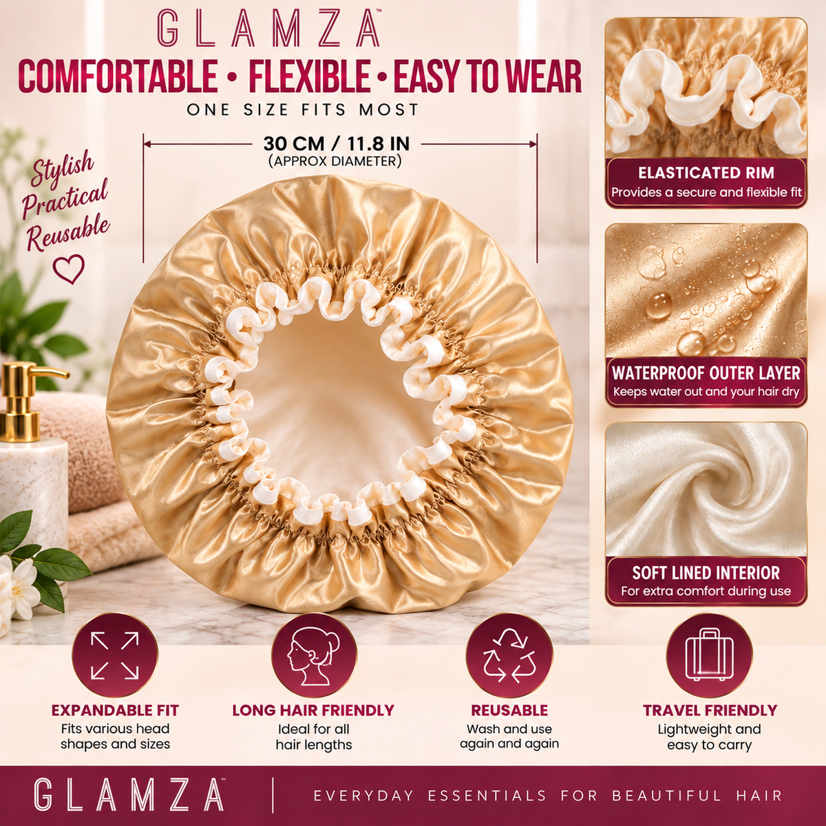 Glamza Luxury Waterproof Shower Cap – Reusable Elasticated Hair Protection – Pink or Gold