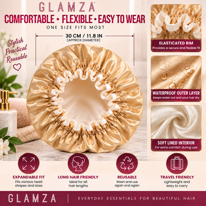 Glamza Luxury Waterproof Shower Cap – Reusable Elasticated Hair Protection – Pink or Gold