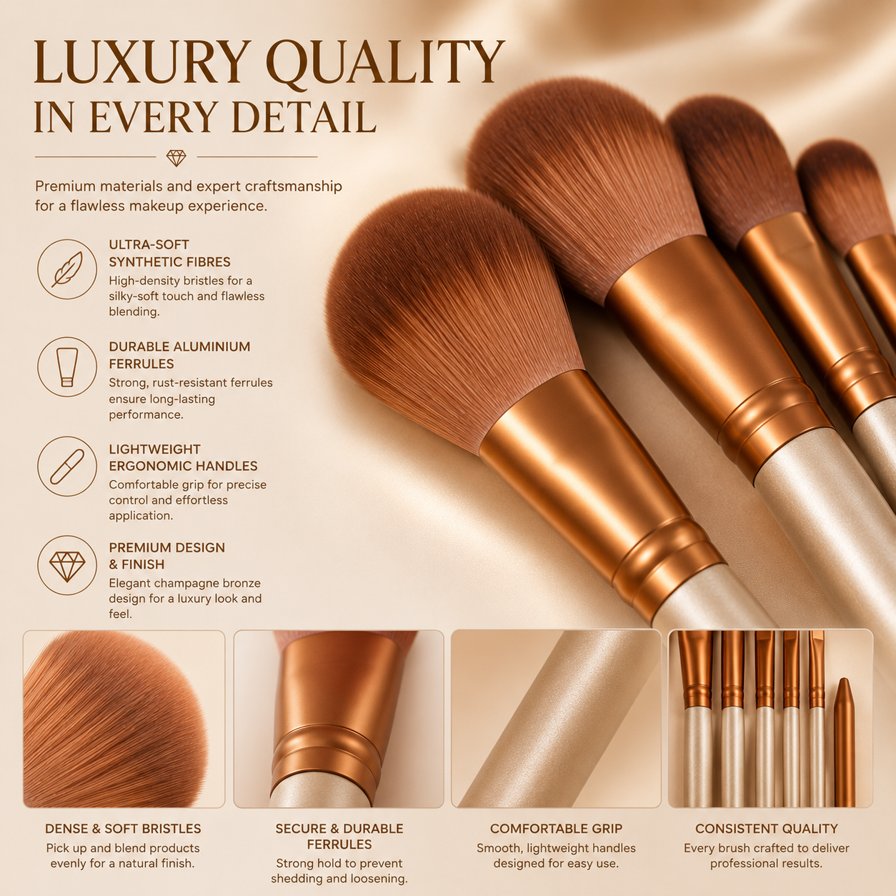 12pc Bronze Makeup Brush Set in Silver Metallic Case