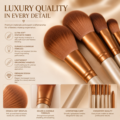 12pc Bronze Makeup Brush Set in Silver Metallic Case