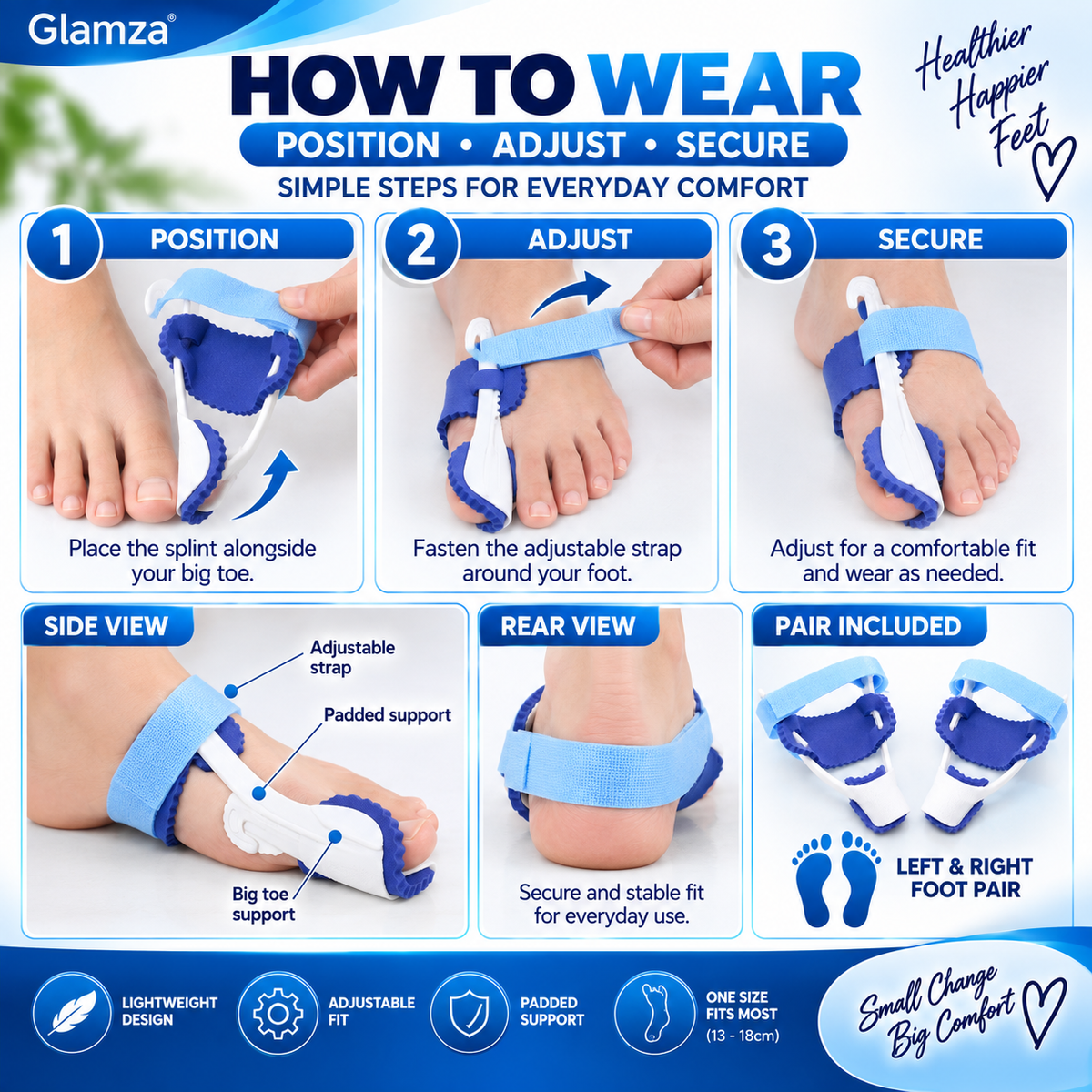 Glamza Bunion Splint Corrector Device Pair – Adjustable Big Toe Alignment Support