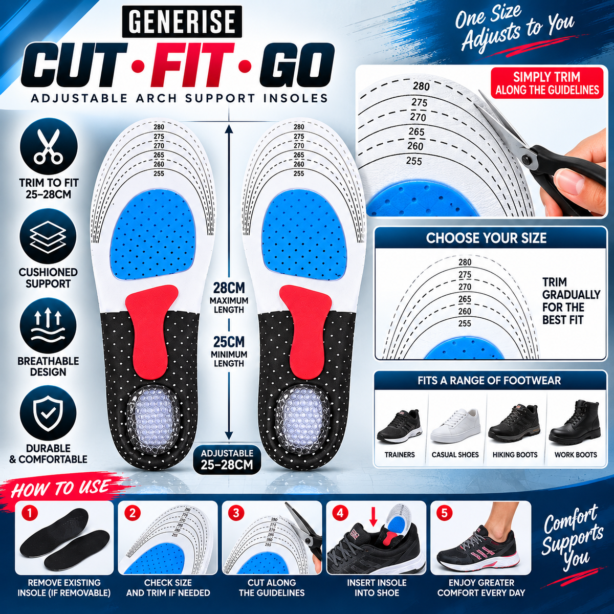 Sports Adjustable Arch Support Orthotic Insoles