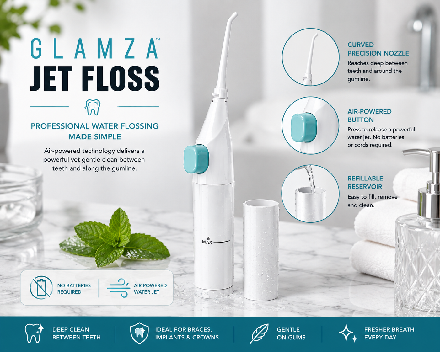 Glamza Power Floss Dental Water Jet – Cordless Air-Powered Oral Irrigator for Braces, Crowns &amp; Implants | No Batteries Required