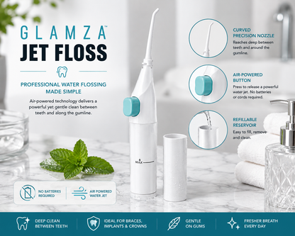 Glamza Power Floss Dental Water Jet – Cordless Air-Powered Oral Irrigator for Braces, Crowns &amp; Implants | No Batteries Required