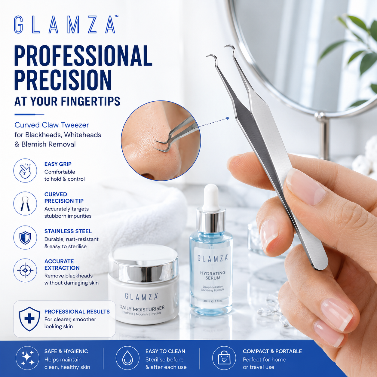 Glamza Curved Blackhead Removal Claw Tweezer – Professional Precision for Clearer Skin