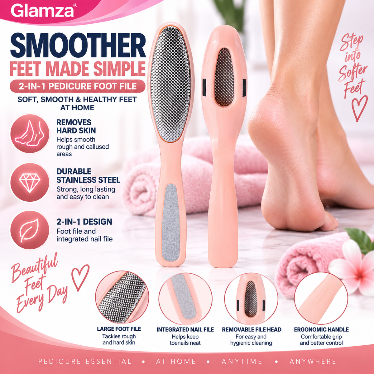 Glamza Pedicure Foot File – 2-in-1 Stainless Steel Foot & Toenail File – Coral
