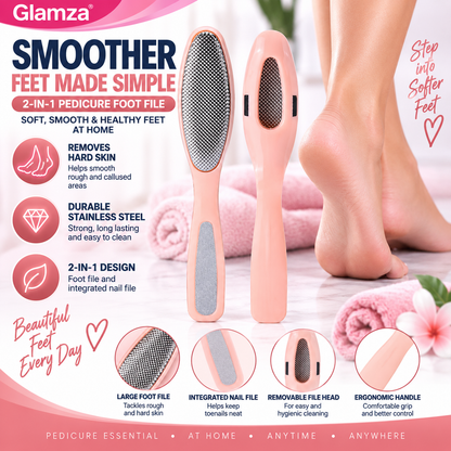 Glamza Pedicure Foot File – 2-in-1 Stainless Steel Foot & Toenail File – Coral
