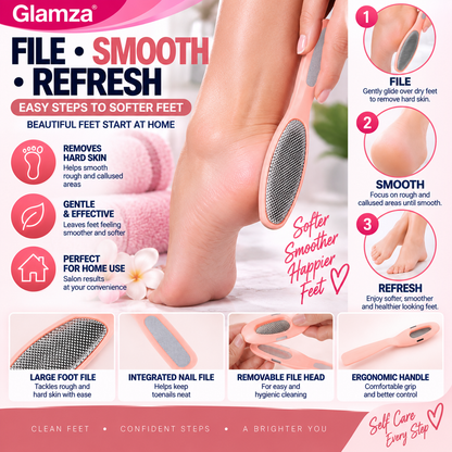 Glamza Pedicure Foot File – 2-in-1 Stainless Steel Foot & Toenail File – Coral