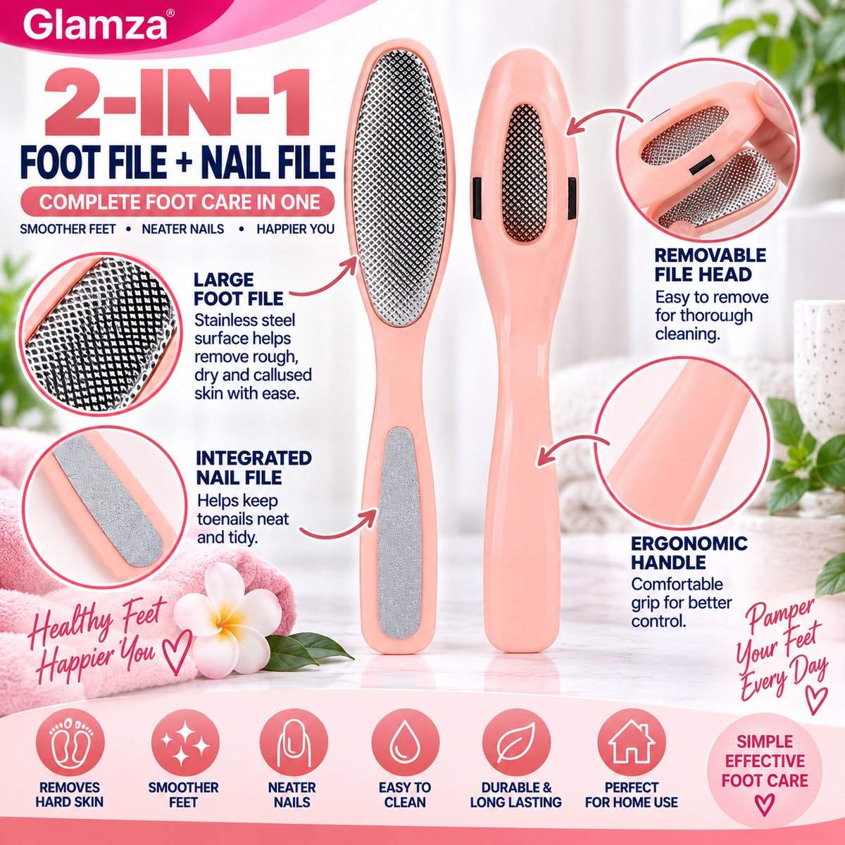 Glamza Pedicure Foot File – 2-in-1 Stainless Steel Foot & Toenail File – Coral