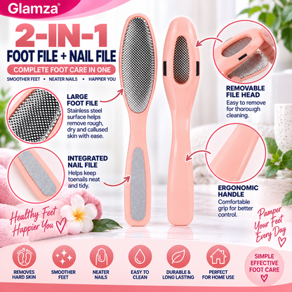 Glamza Pedicure Foot File – 2-in-1 Stainless Steel Foot & Toenail File – Coral