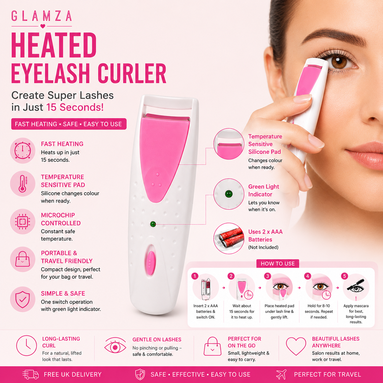 Glamza Heated Eyelash Curler – Fast, Safe & Long-Lasting Lash Curling