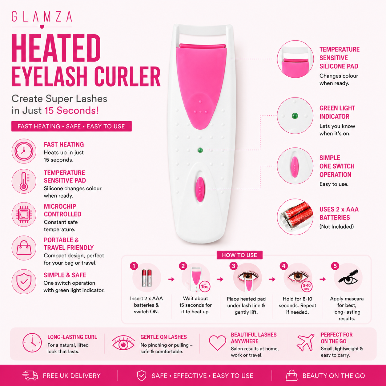 Glamza Heated Eyelash Curler – Fast, Safe & Long-Lasting Lash Curling