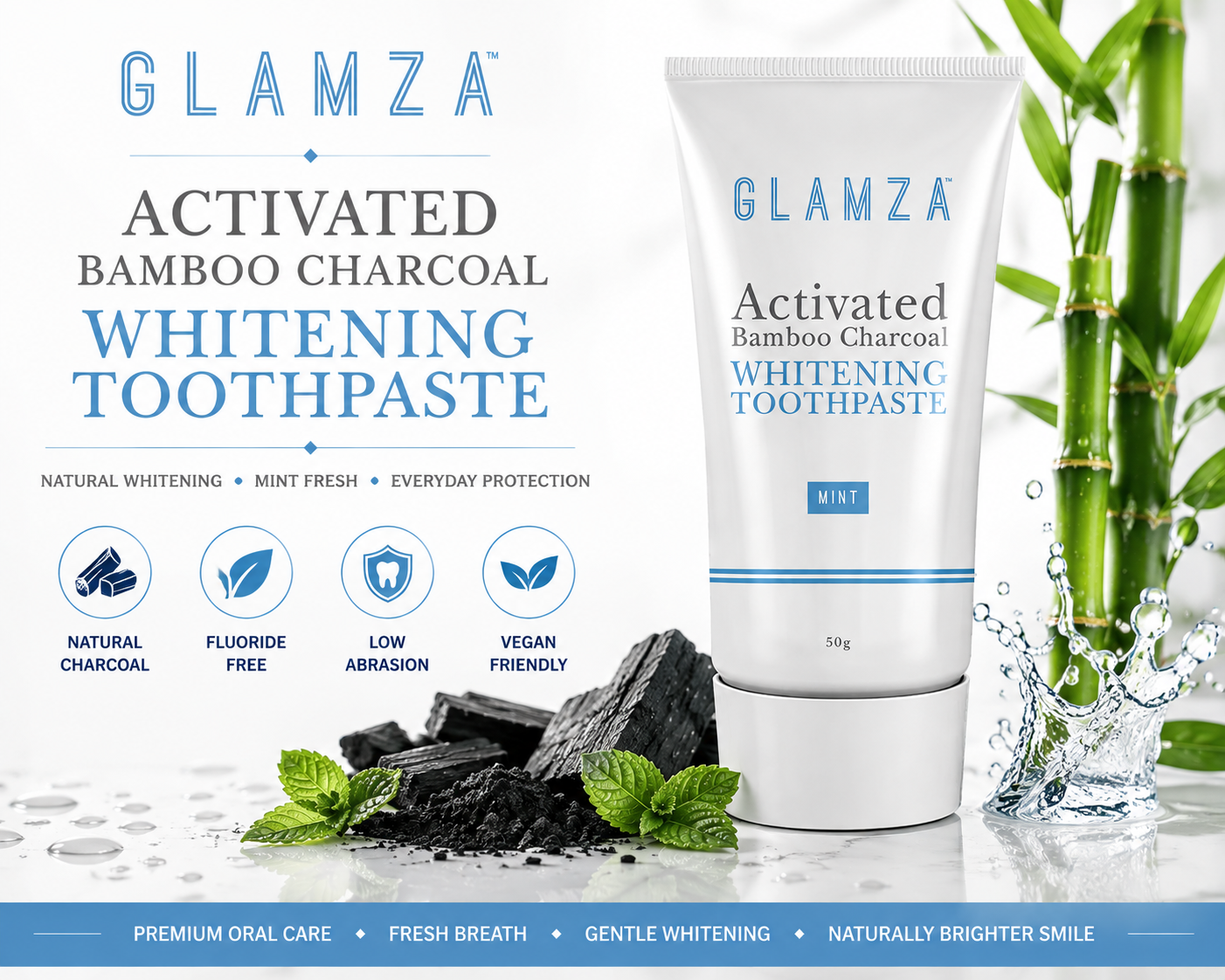 Glamza Activated Bamboo Charcoal Whitening Toothpaste 50g