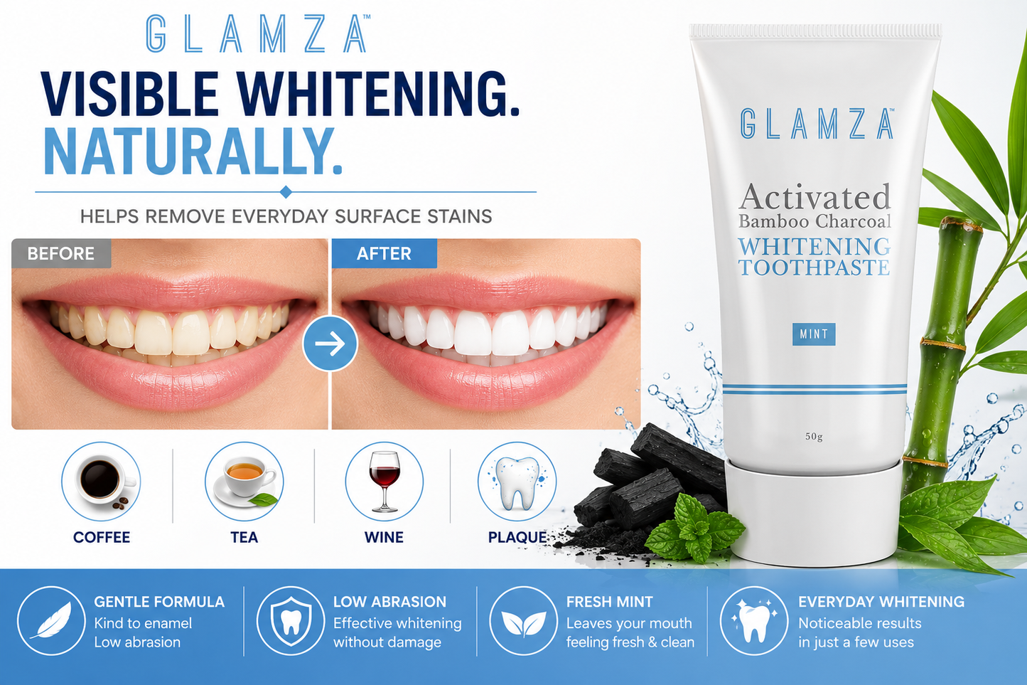 Glamza Activated Bamboo Charcoal Whitening Toothpaste 50g