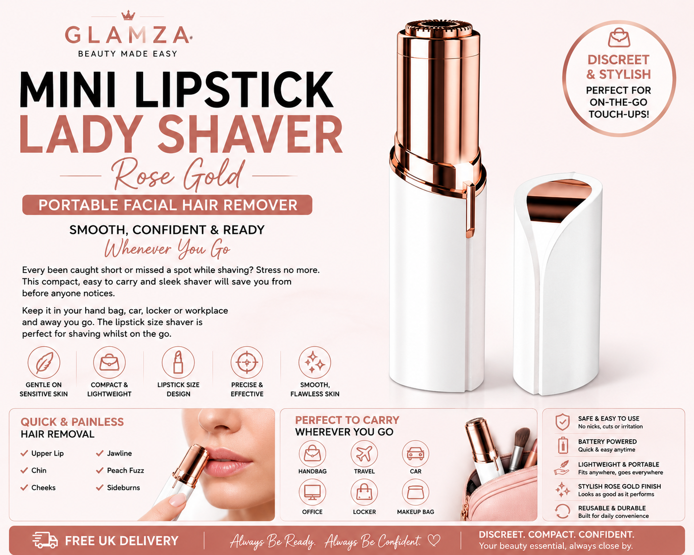 Glamza Mini Lipstick Lady Shaver Rose Gold – Portable Hair Remover