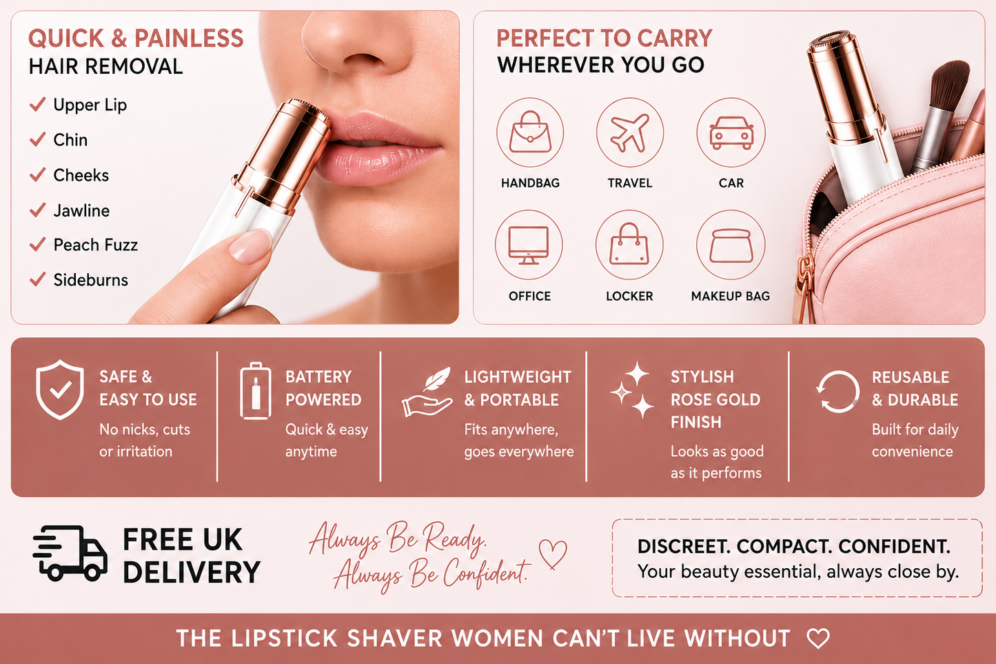Glamza Mini Lipstick Lady Shaver Rose Gold – Portable Hair Remover