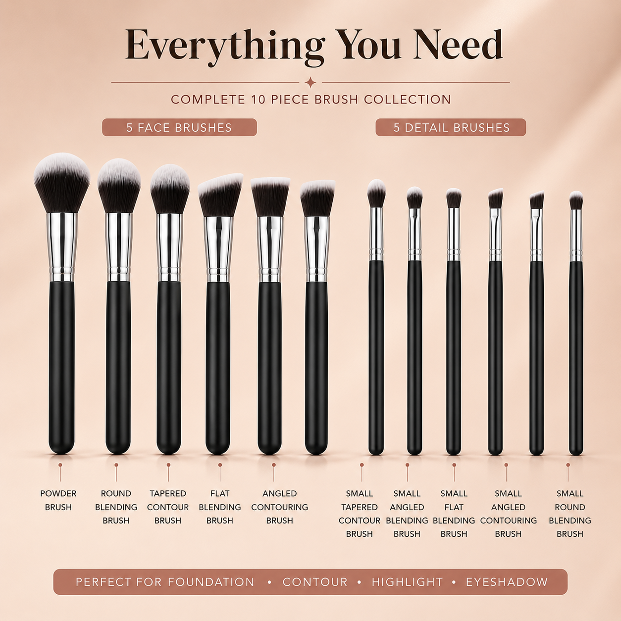 Glamza 10pc Black & Silver Makeup Brush Set – Professional Makeup Brushes for Face & Eyes