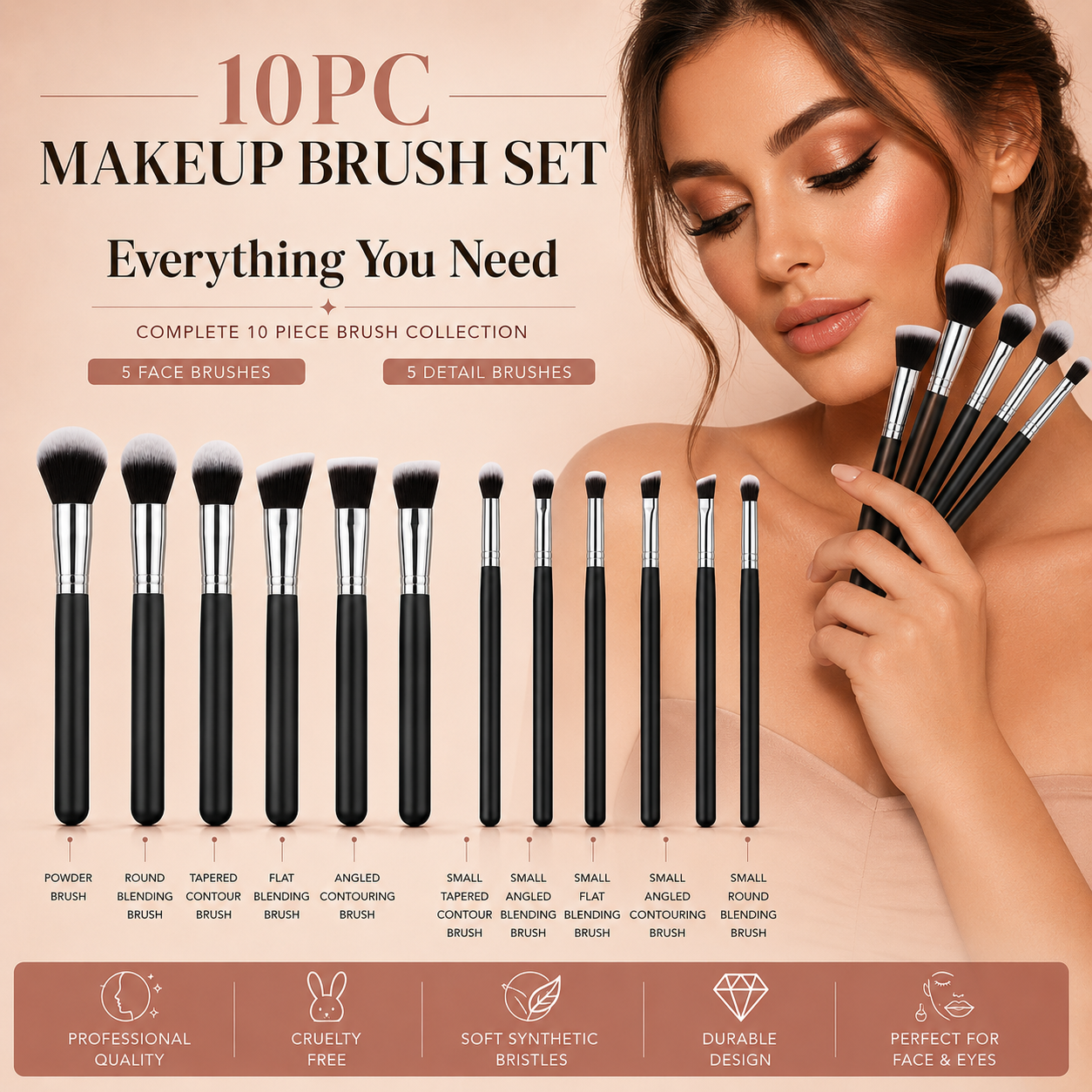Glamza 10pc Black & Silver Makeup Brush Set – Professional Makeup Brushes for Face & Eyes