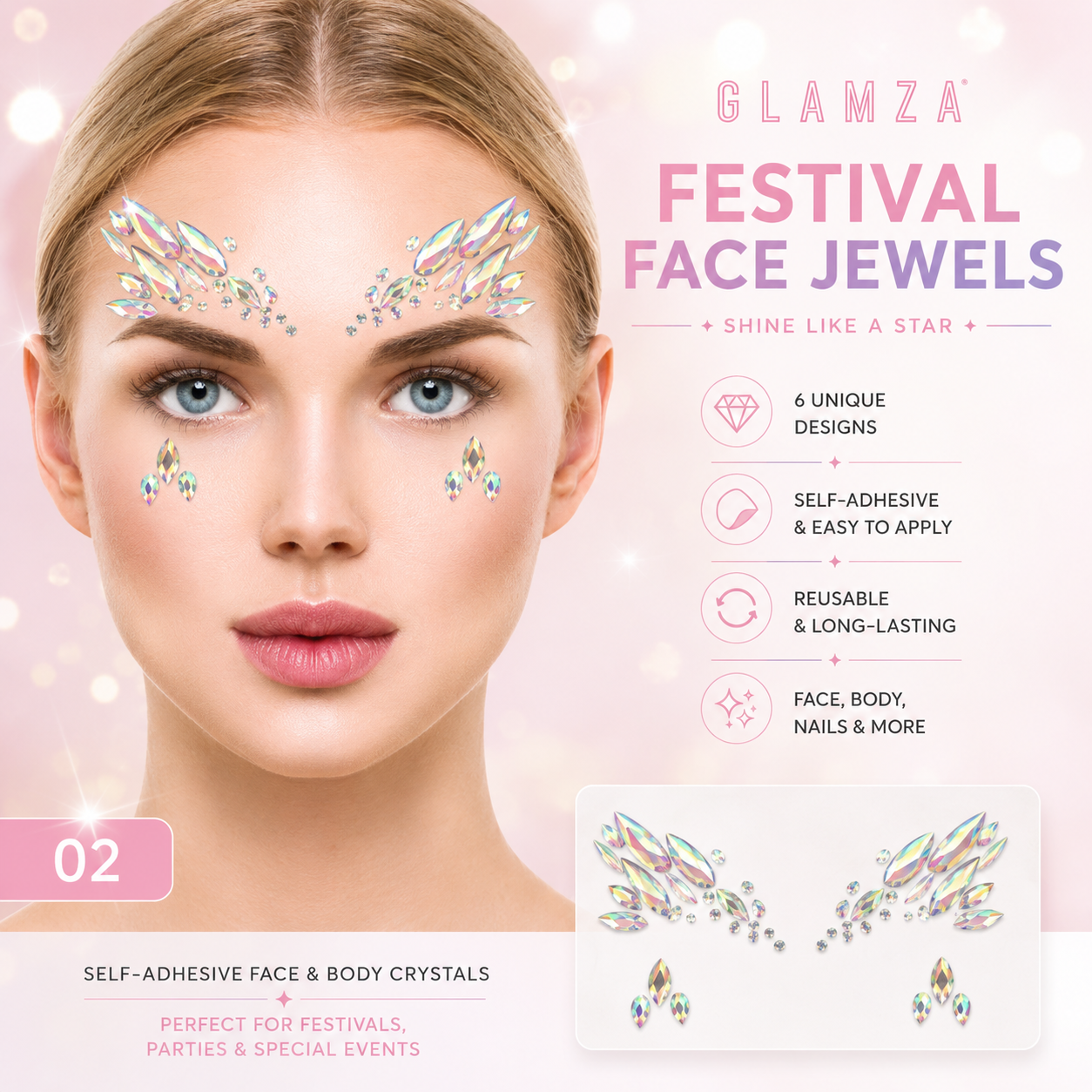 Glamza Festival Face Jewels | Self-Adhesive Face & Body Crystals