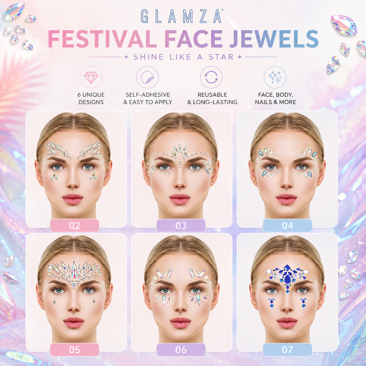 Glamza Festival Face Jewels | Self-Adhesive Face & Body Crystals