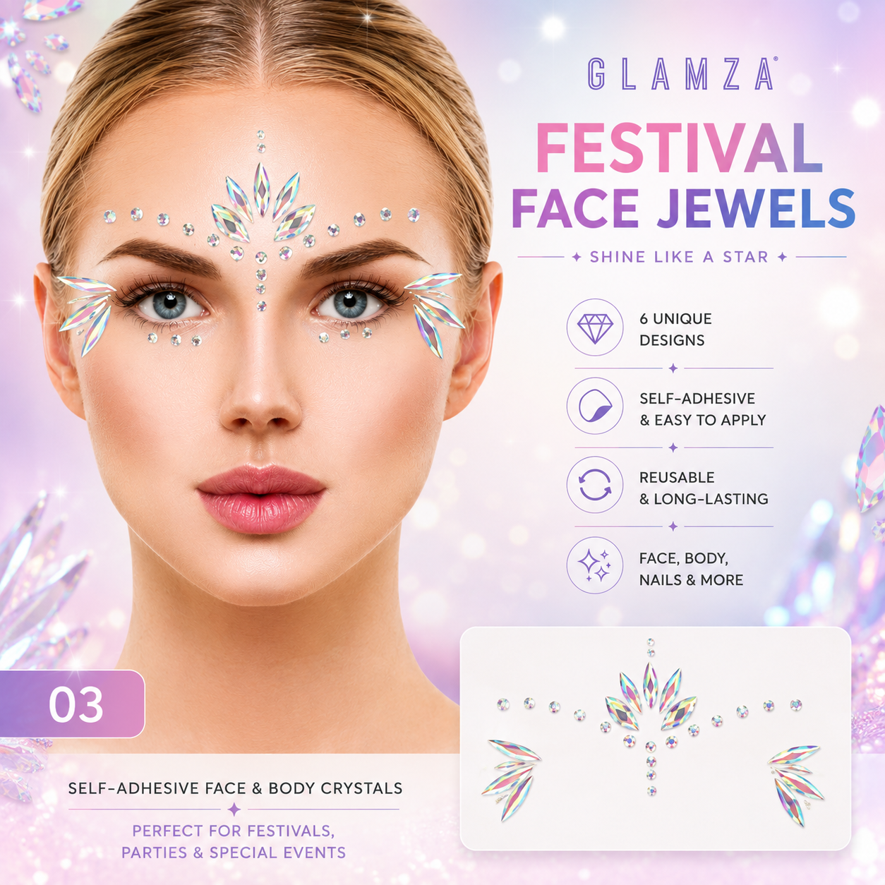 Glamza Festival Face Jewels | Self-Adhesive Face & Body Crystals