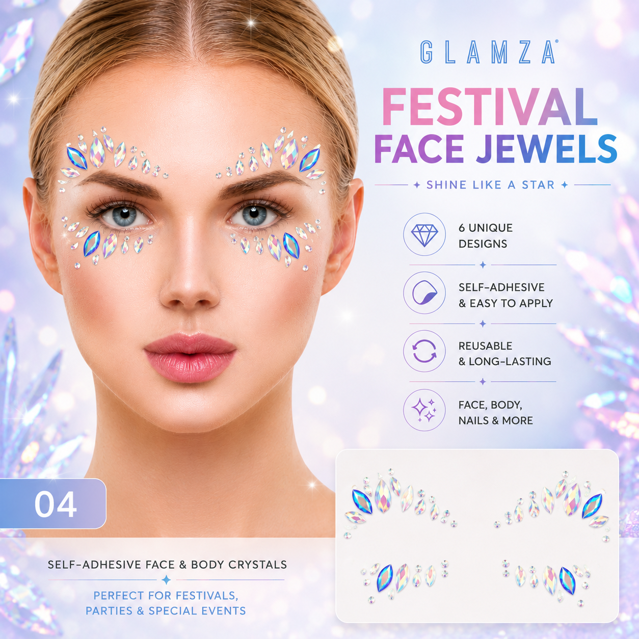 Glamza Festival Face Jewels | Self-Adhesive Face & Body Crystals