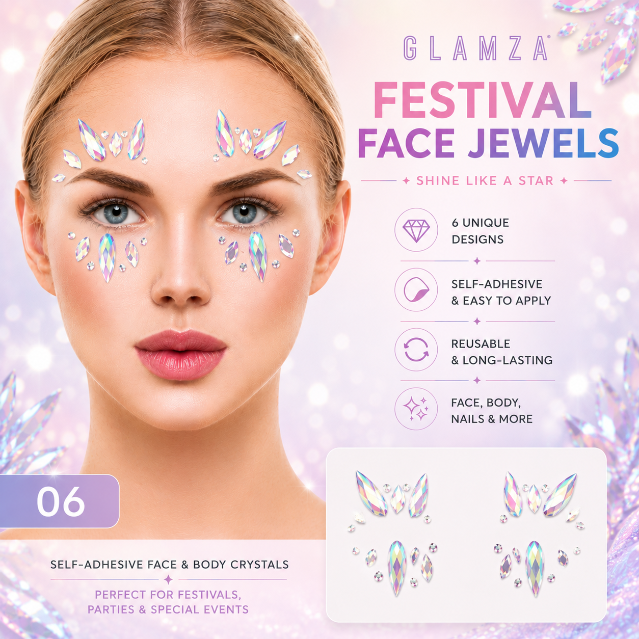 Glamza Festival Face Jewels | Self-Adhesive Face & Body Crystals