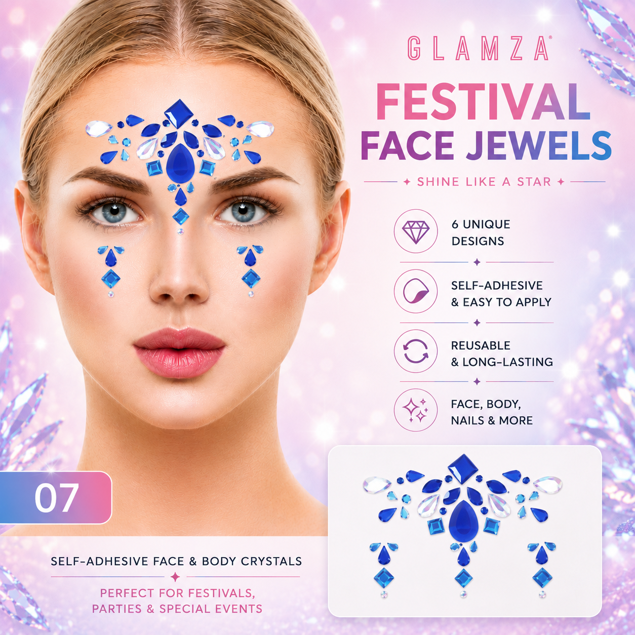 Glamza Festival Face Jewels | Self-Adhesive Face & Body Crystals